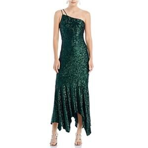 AQUA Women's Cocktail Dress Size 8 Green Sequined One Shoulder Midi Sheath Gown